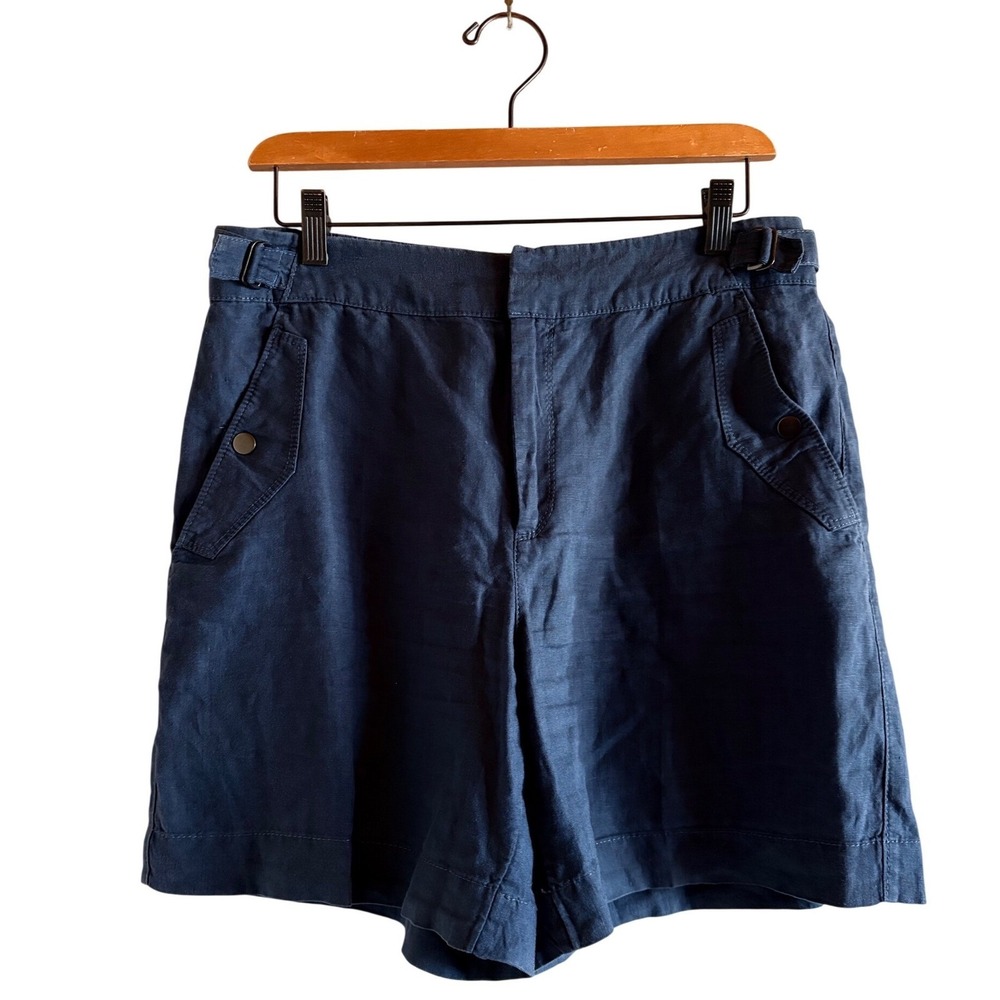 Athleta Voyager Navy Blue 100% Linen Shorts Womens Size 10 Adjustable Waist
